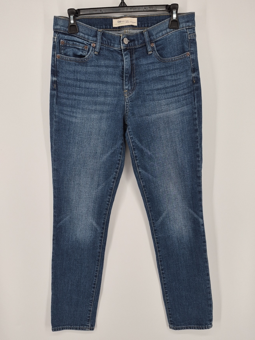 Gap 1969  Real Straight Jean Stretch Mid Rise Med Wash Denim Women's 28R (30×29)